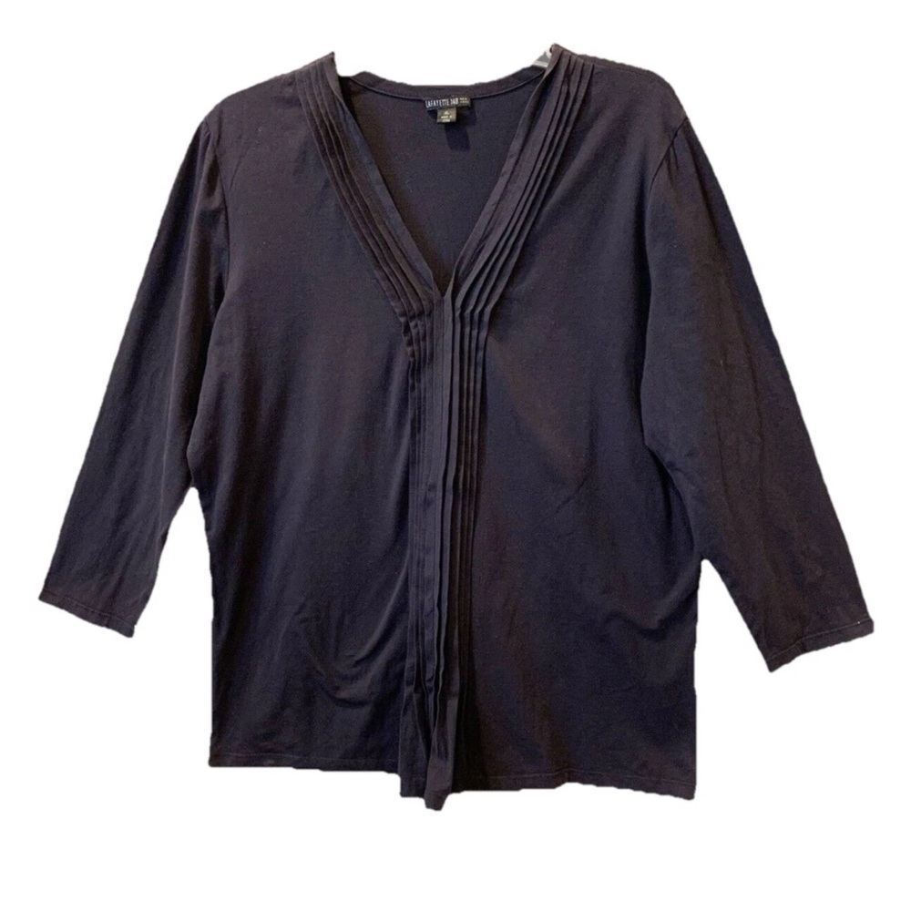 $898 LAFAYETTE 148 NY XL BLACK KNIT V NECK TOP MINIMALIST MODERN PLEATED FRONT - Picture 2 of 10